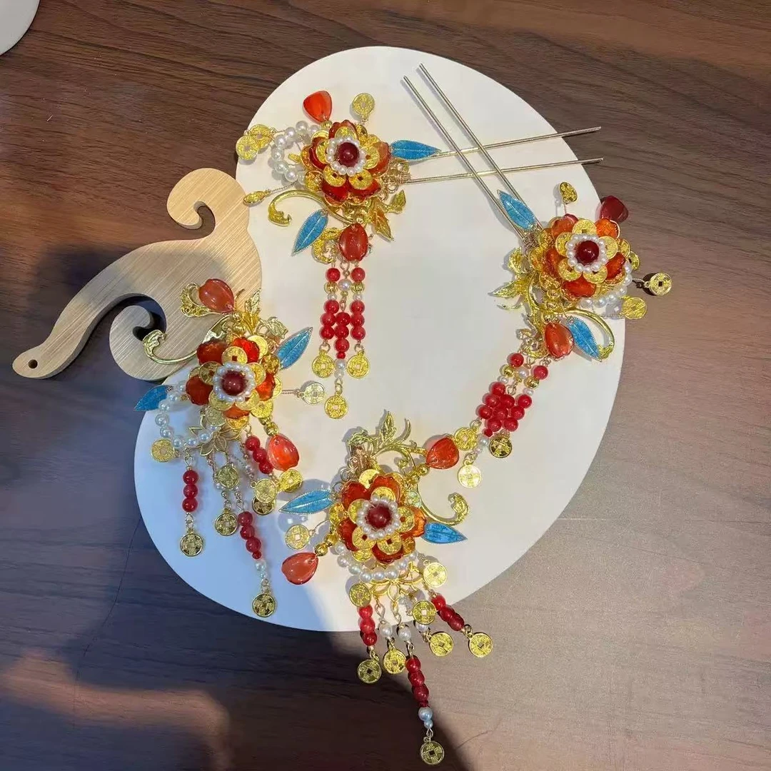 有米花，新年金红五帝钱U型发簪招米米手工复古古风明制唐风