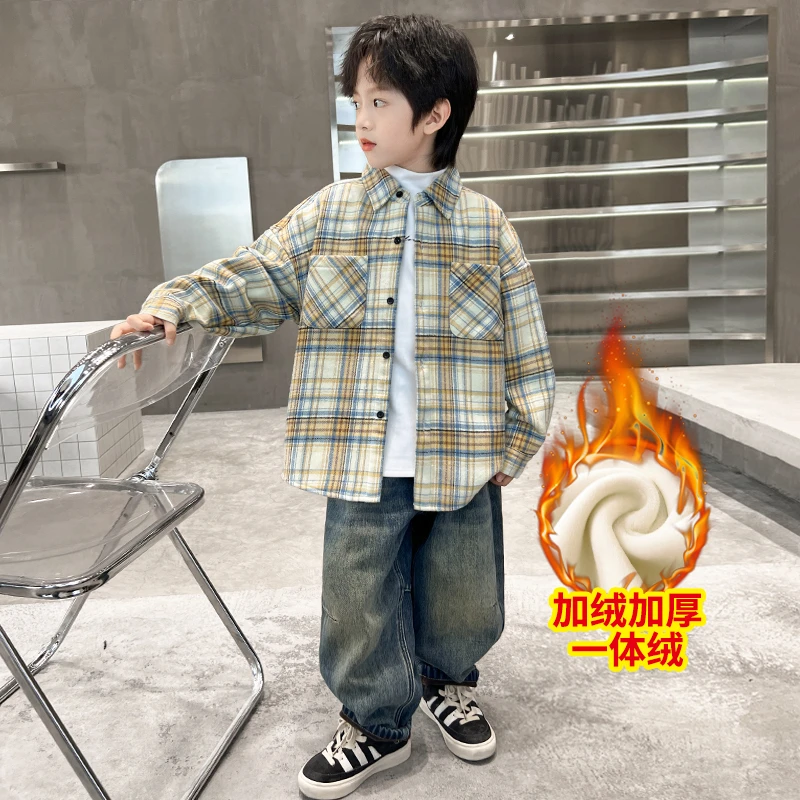 中班仔童装男童套装格纹衬衫打底牛仔裤三件套加绒加厚冬装ZH2366