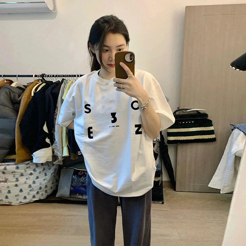 网红白色纯棉t恤女夏季百搭休闲宽松显瘦印花设计感小众半袖上衣