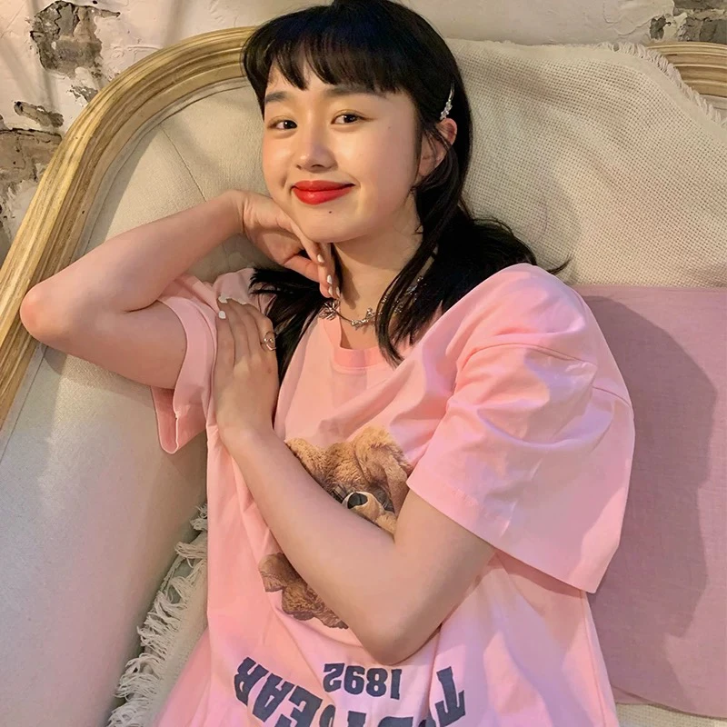 onedansusu《蜜桃抱抱熊》圆领休闲T恤夏季韩版简约百搭上衣半袖