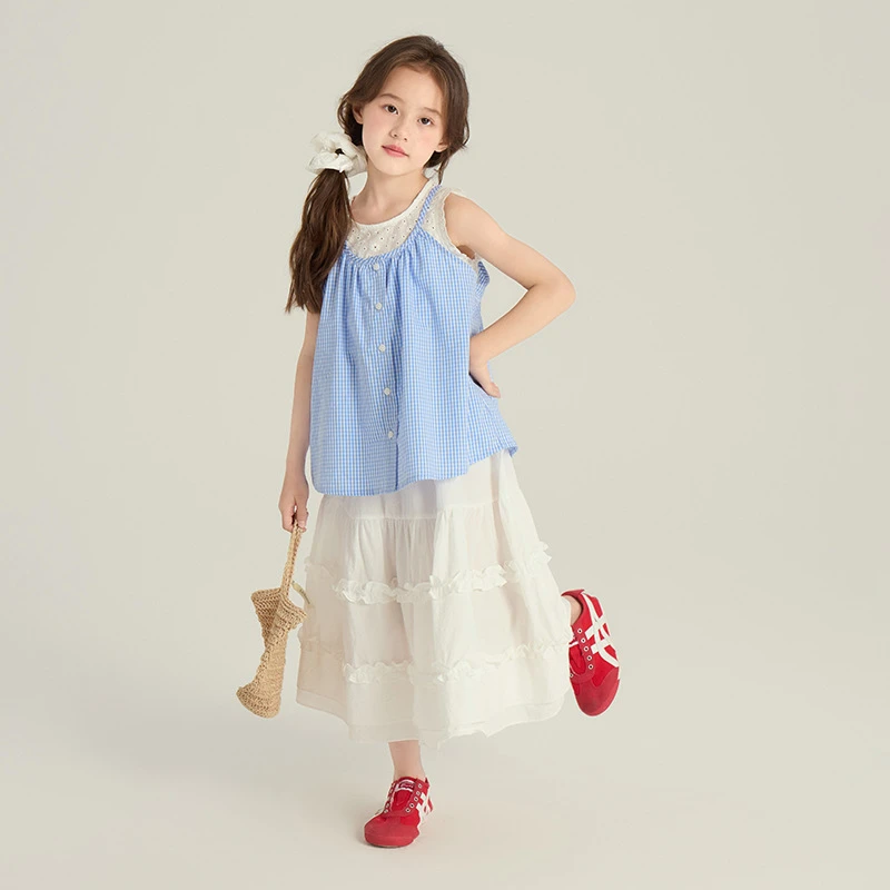 【夏季新品】女童小清新蓝白格纹娃娃衫假两件吊带背心上衣夏25C210