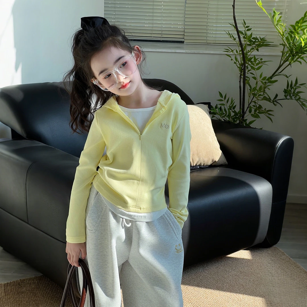 女童长袖T恤2025春秋季新款儿童假两件长袖儿童洋气连帽上衣春装