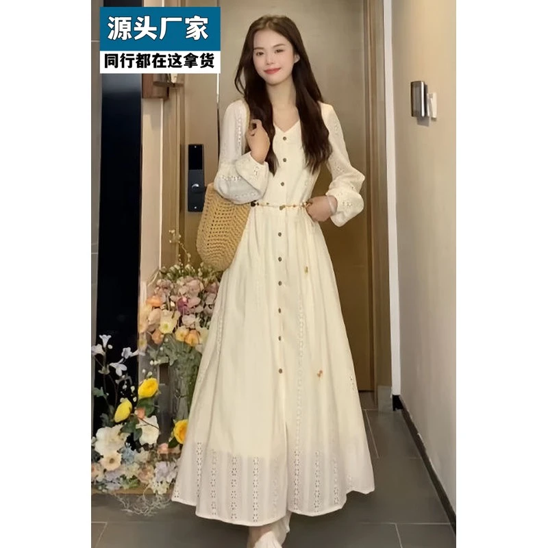 梵乐芬法式镂空刺绣长袖连衣裙女春秋2025新款气质收腰系带高级感
