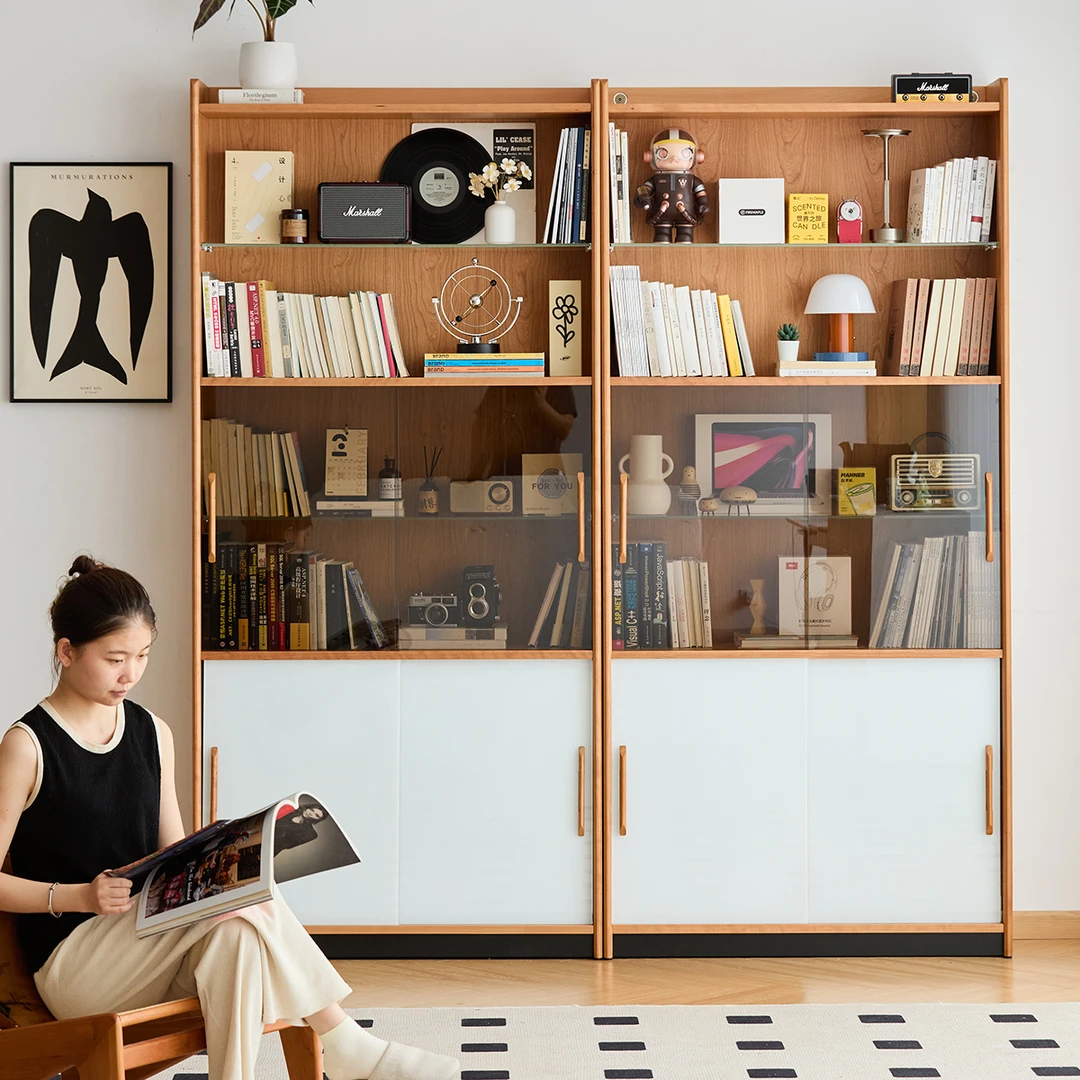 小半家具实木展示柜北欧客厅家用移门储物收纳柜落地书架组合书柜