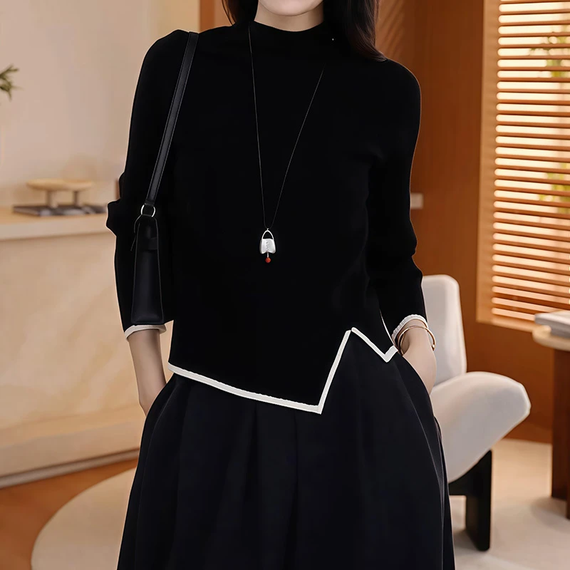 法式时尚高领不规则撞色长袖T恤女装秋冬新款显瘦内搭打底衫上衣
