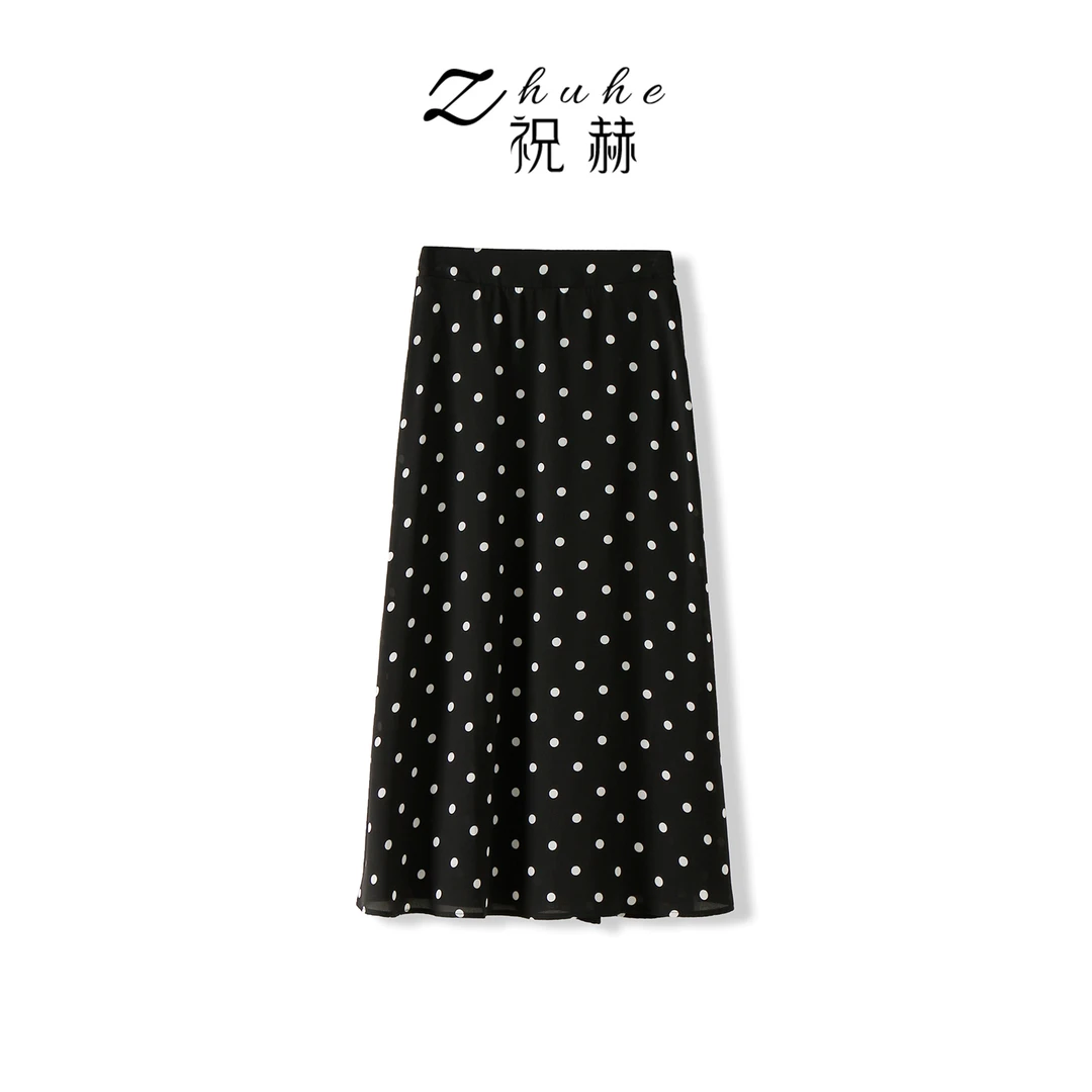 ZHUHE祝赫-夏季黑色波点高腰显瘦A字半身裙-5XQBQ013