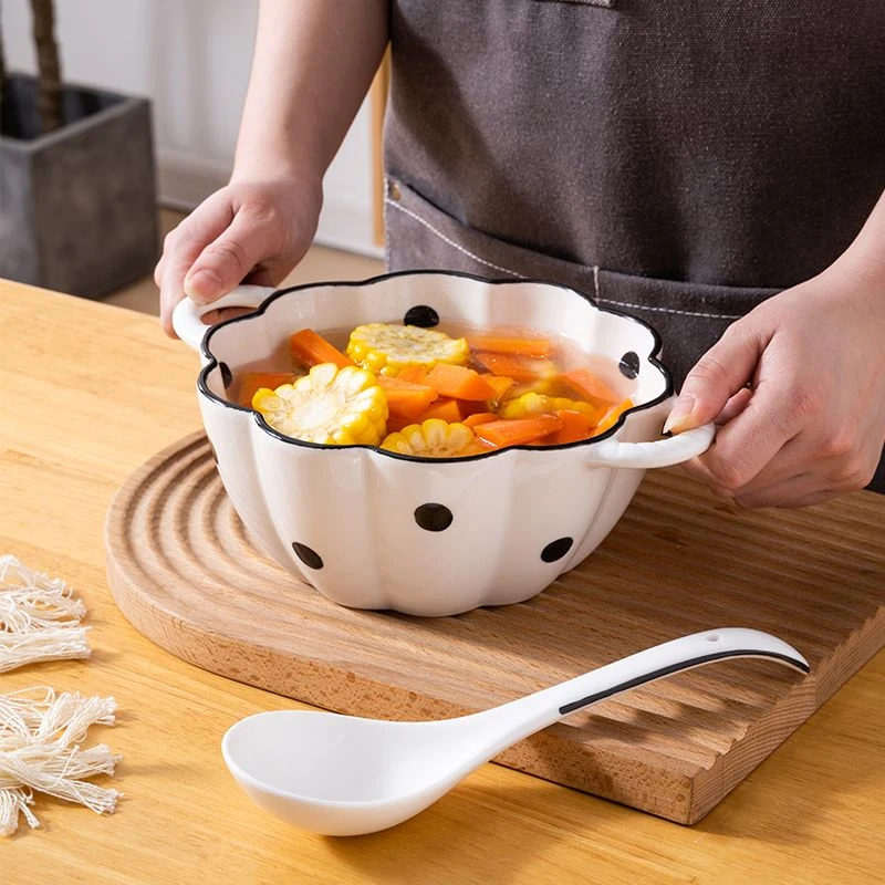 赫本风10英寸双耳大汤碗带勺陶瓷家用碗酸菜鱼碗泡面碗装汤盛汤yj