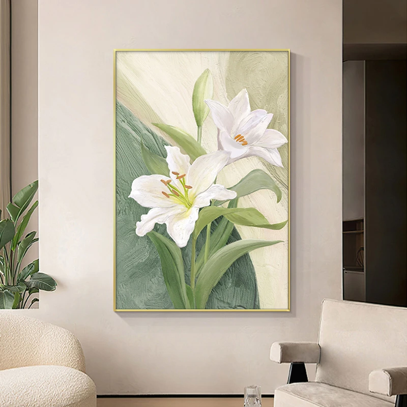 装饰画现代走廊过道铝合金边框客厅装饰画百合两朵花80120