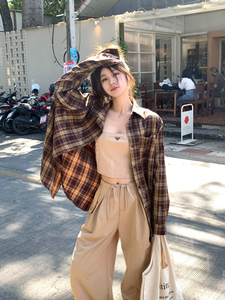 复古长袖格子衬衫polo领衬衣薄外套2025春夏女休闲宽松防晒衣上衣