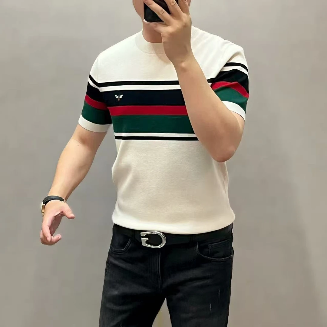 新款高端潮流男士时尚条纹小蜜蜂胸标针织短袖T恤62659