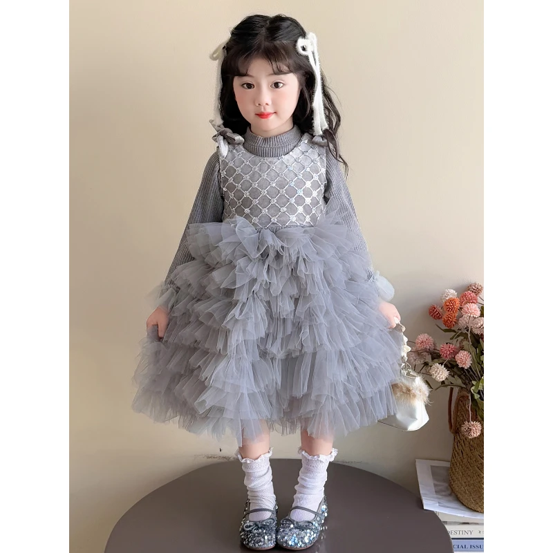 儿童公主裙女童秋装连衣裙2025新款女小童蛋糕裙甜美蝴蝶结春秋款