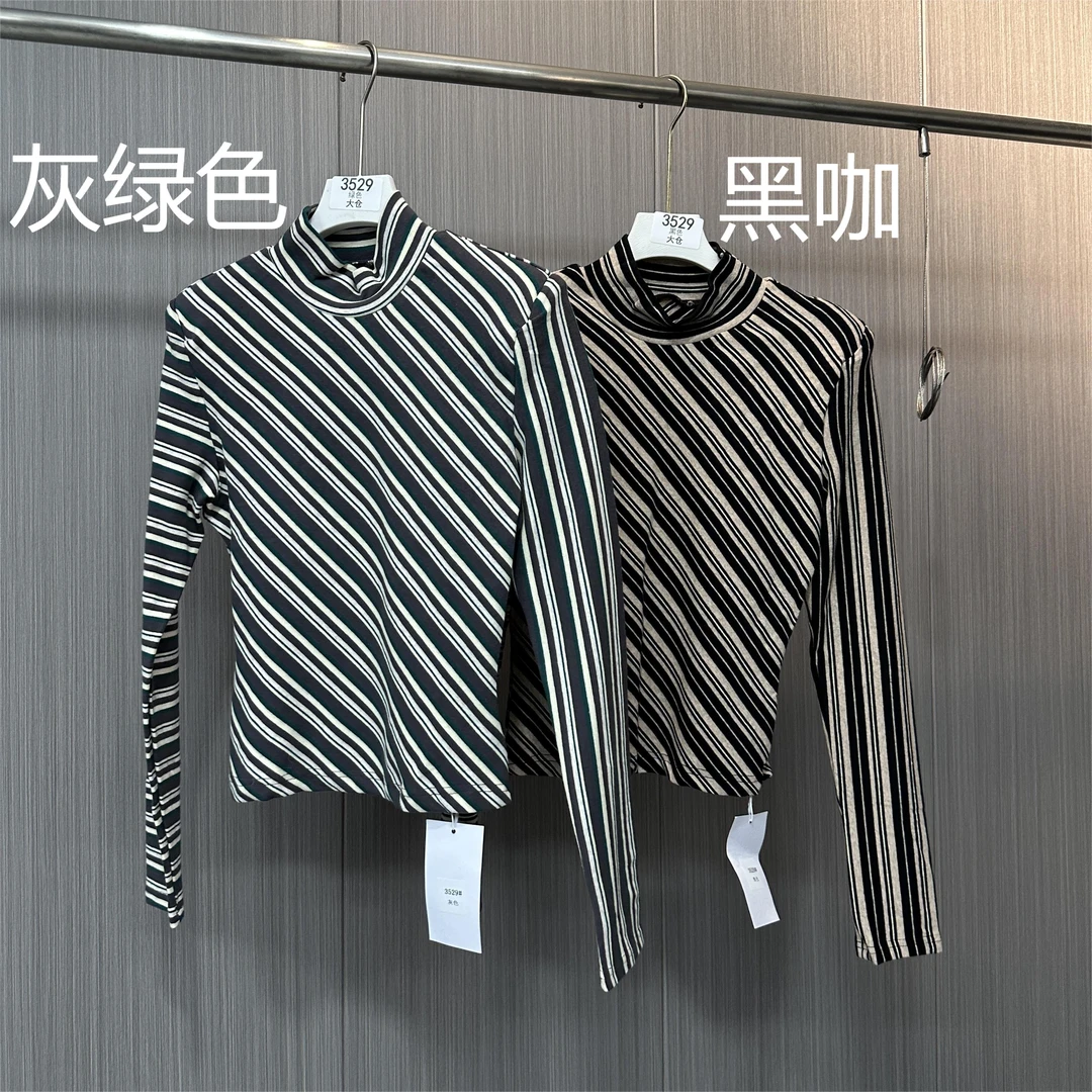 半高领斜条纹长袖打底衫T恤3529