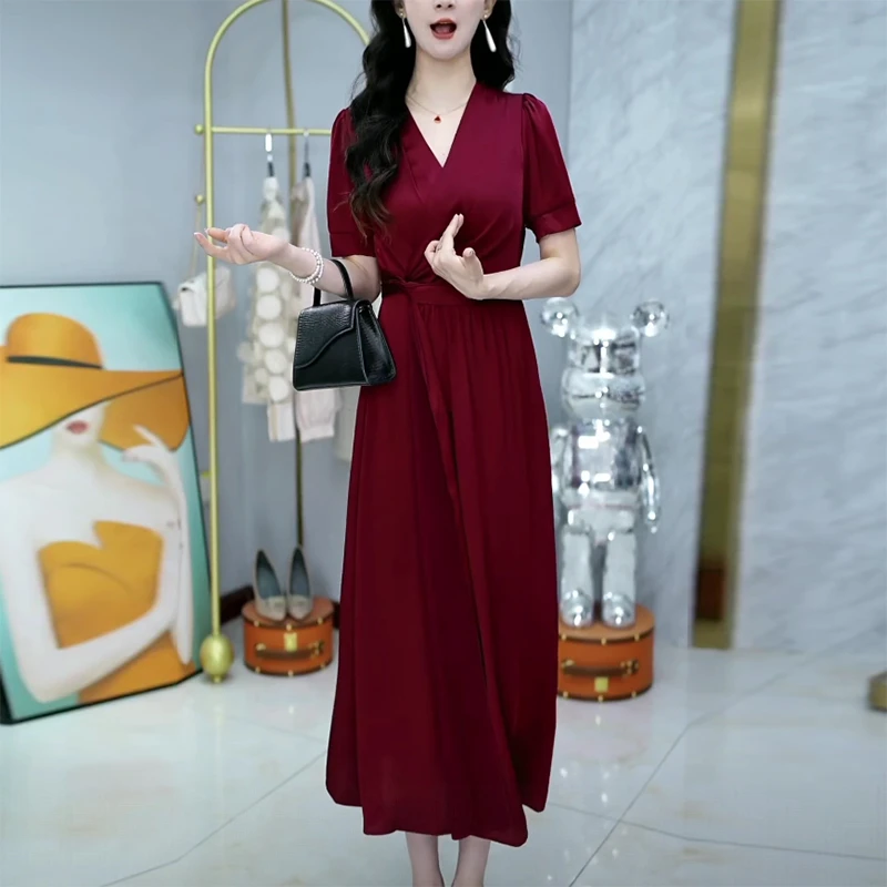 夏季优雅气质时尚减龄收腰显瘦修身长款妈妈装轻熟风女人味连衣裙