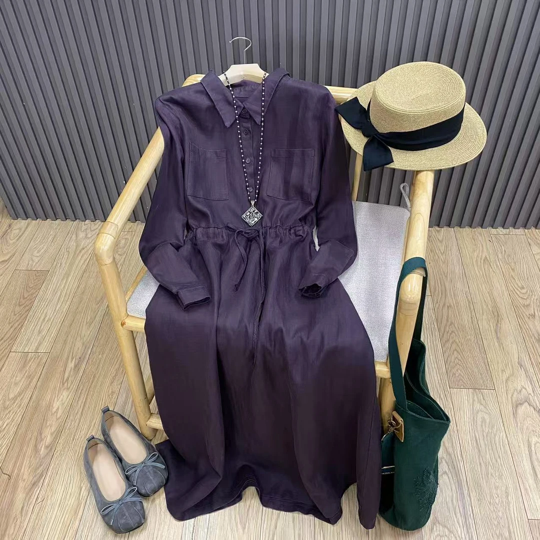 翻领天丝麻长袖连衣裙收腰系带显瘦复古文艺衬衫裙女Q99218