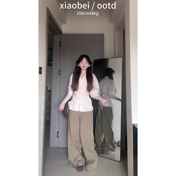 法式长袖衬衫女早秋交叉绑带设计感收腰衬衣粉色上衣+裤子套装