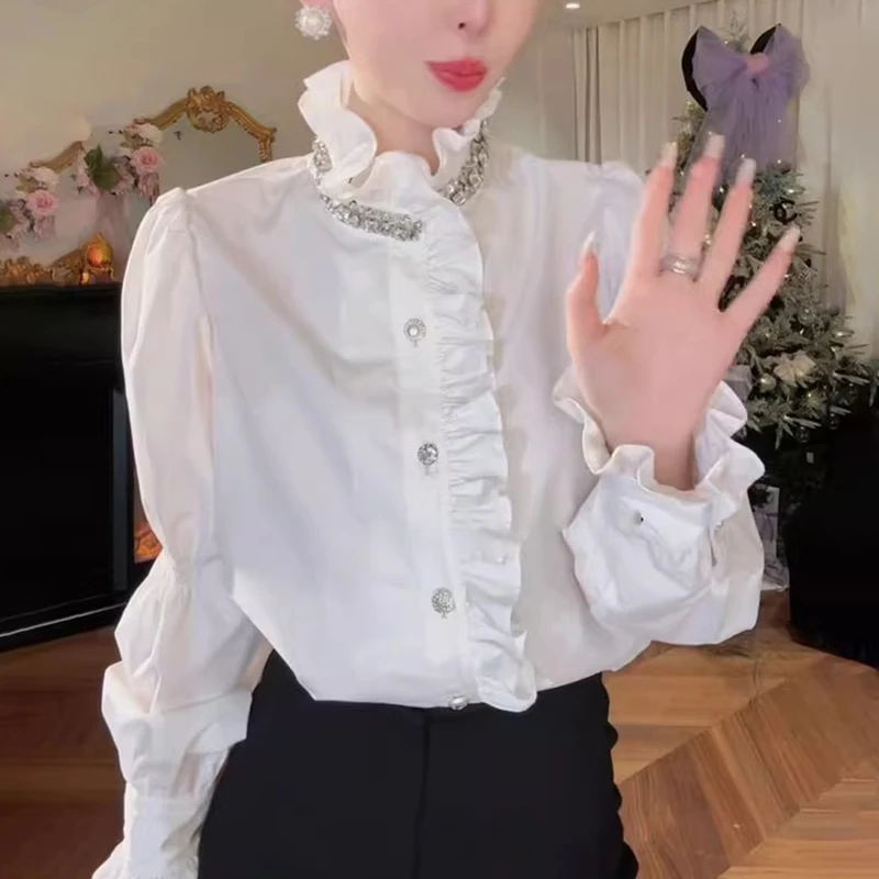 法式木耳边衬衫女士春季新款时尚减龄洋气高级设计感打底叠穿上衣