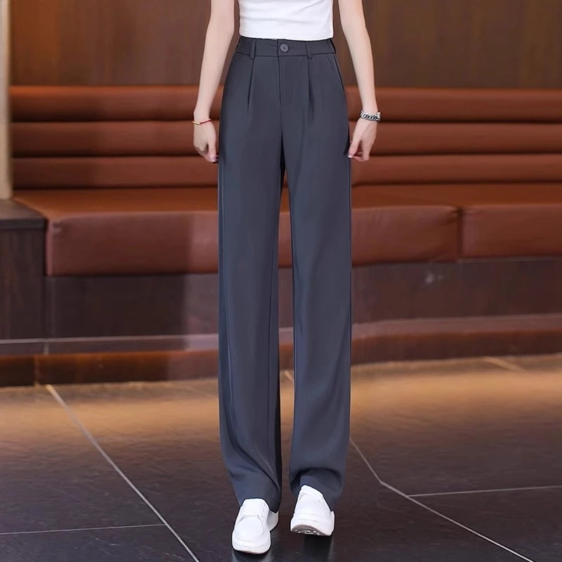 灰色直筒西装裤女春夏薄款2025新款高级感冰丝裤子休闲窄版阔腿裤