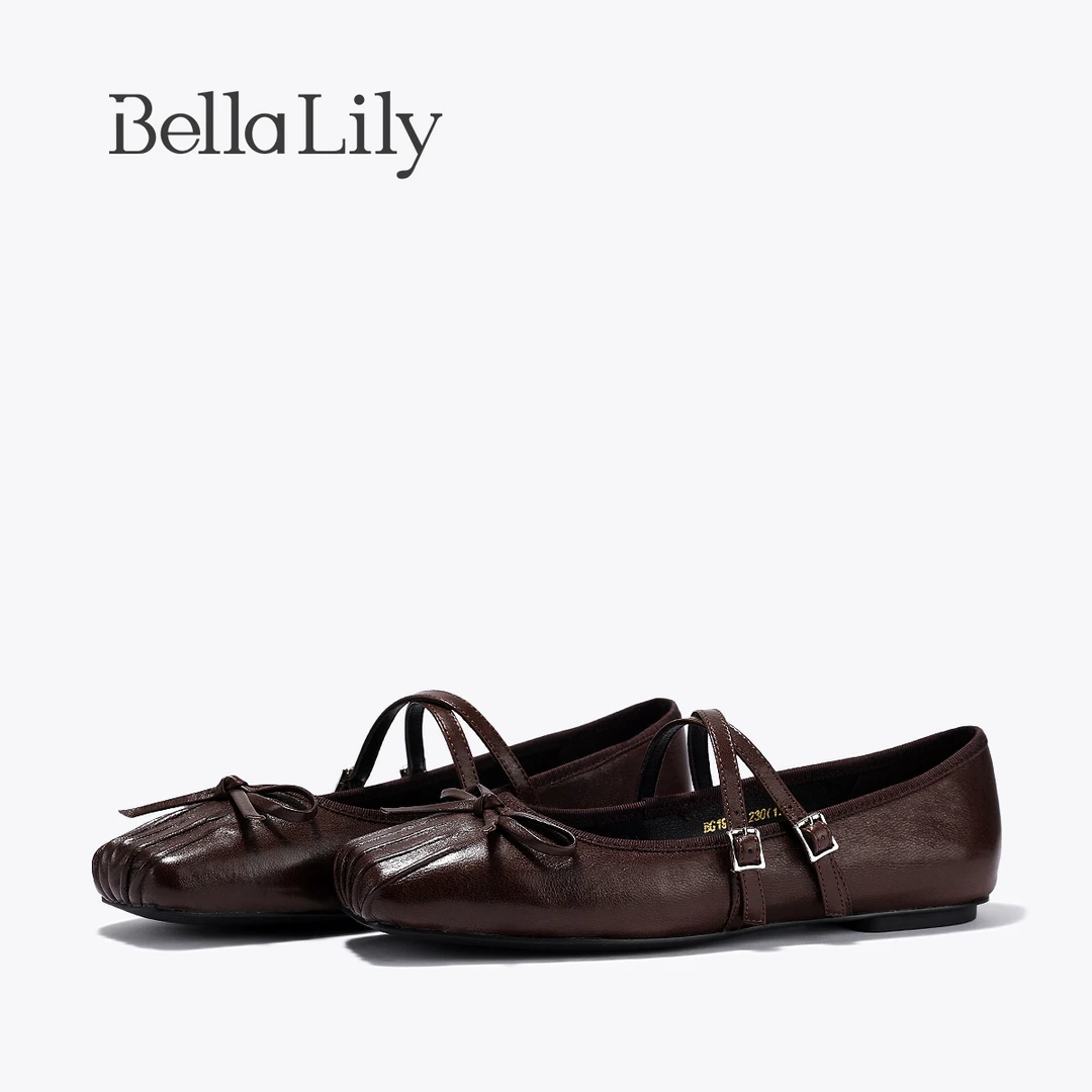 BellaLily气质优雅方头玛丽珍平底鞋女精致复古浅口芭蕾风单鞋