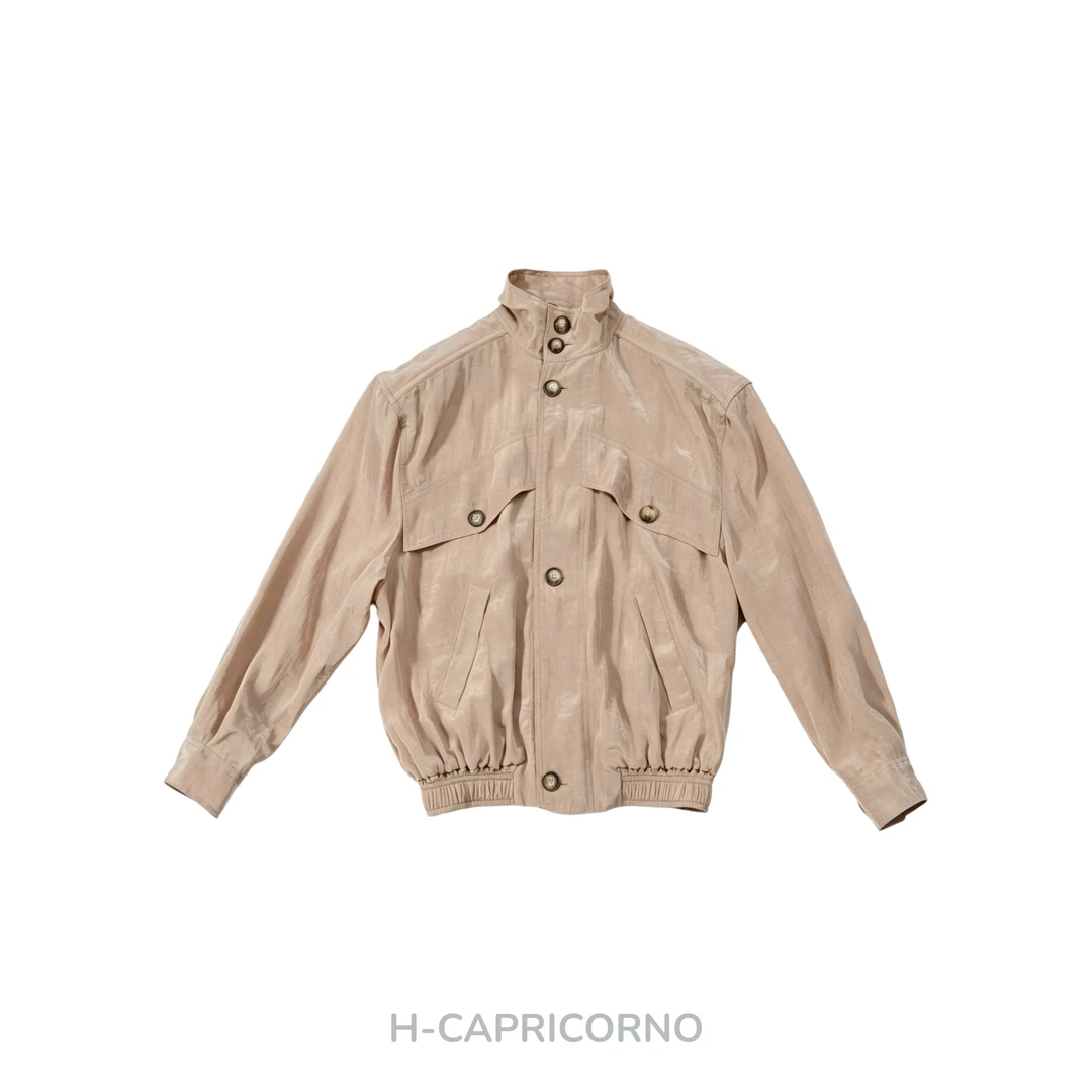 H-CAPRICORNO老钱风立领哈灵顿夹克女薄款复古肌理感廓形休闲外套