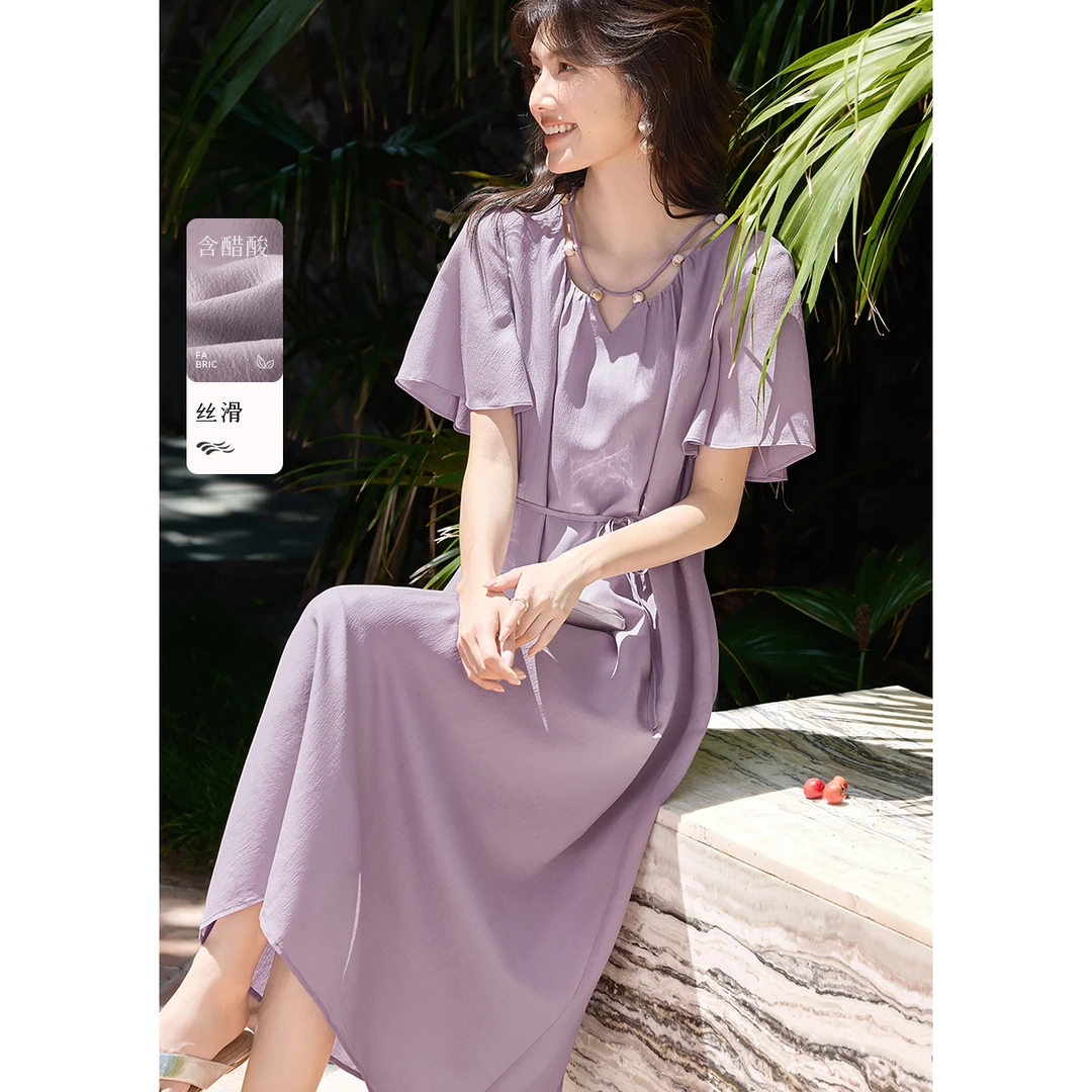 XWI/欣未【雾感醋酸连衣裙】法式复古串珠荷叶袖A型连衣裙3069