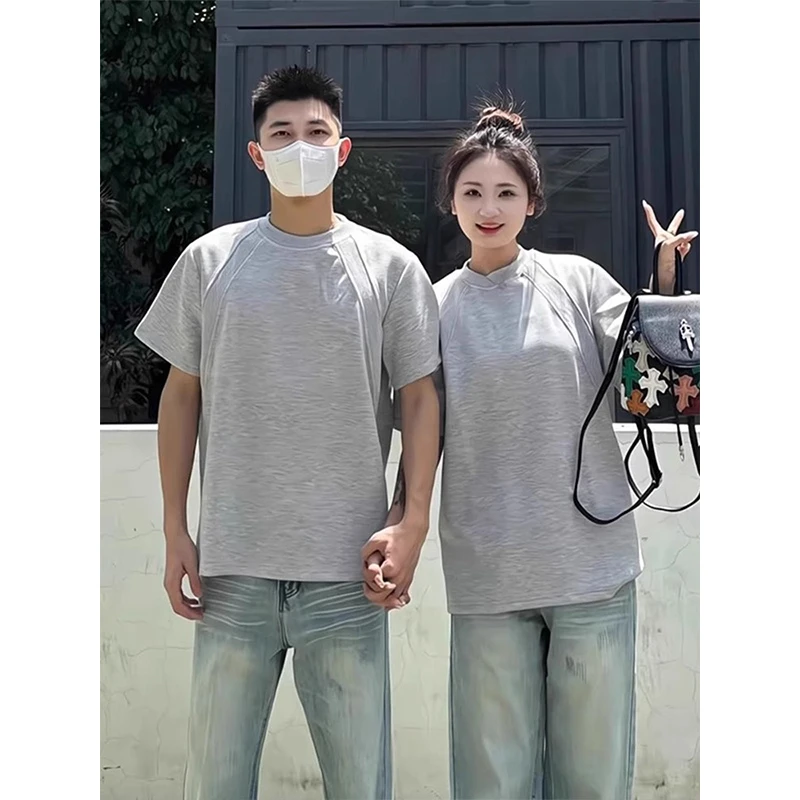 boxy小领口情侣短袖男款夏季重磅美式拼接太空棉t恤高级感半截袖