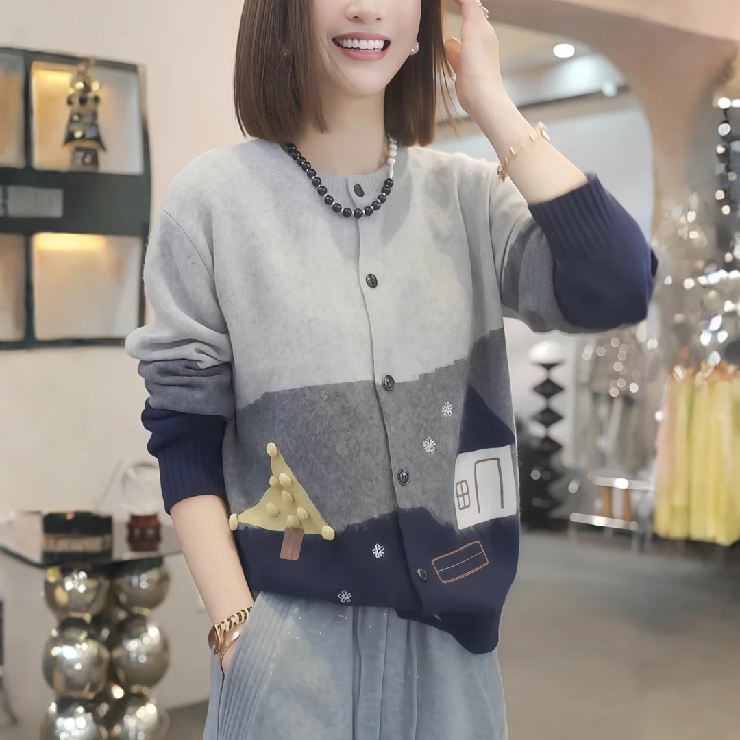 韩版ins开衫女2025秋冬新款圆领小树提花图案减龄条纹针织毛衣潮