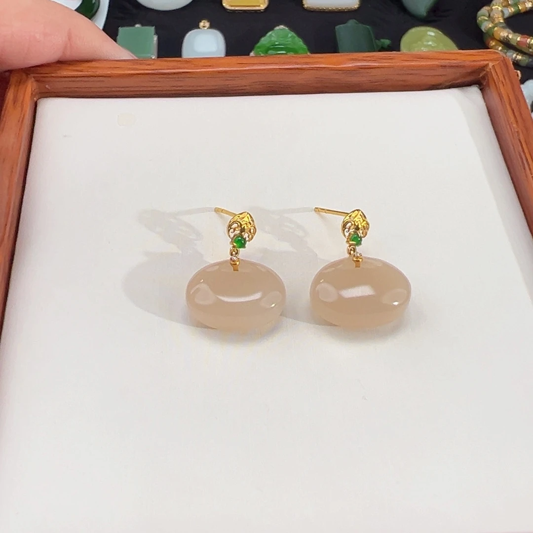 和田玉18K金镶嵌耳饰浓藕粉小锁包耳饰