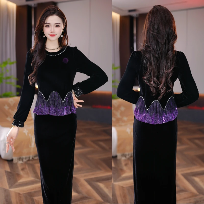 【玄紫夜曲】2026春季新款收腰显瘦洋气减龄轻奢女人味黑色连衣裙