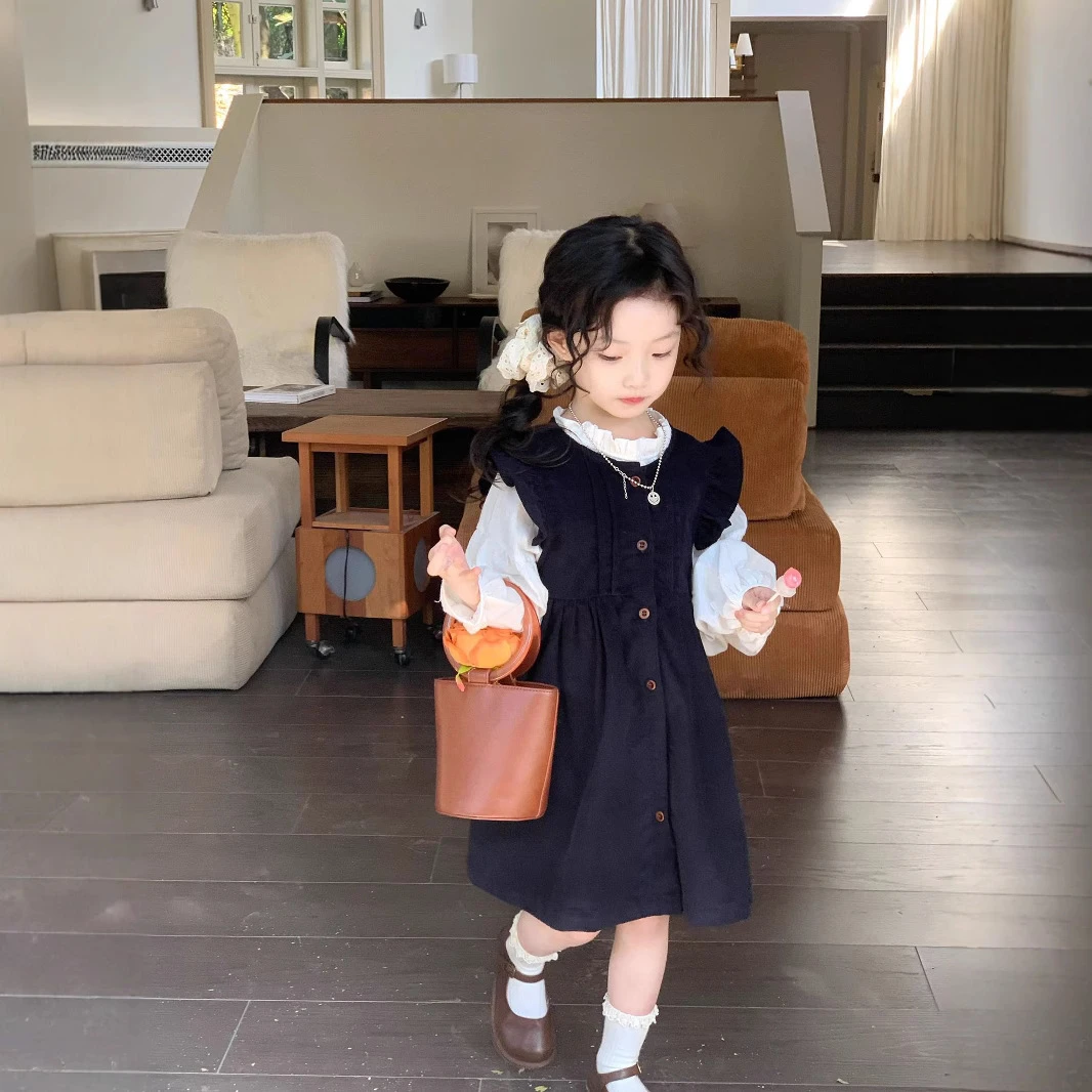 2025春女童韩版荷叶边灯芯绒背心裙+白色娃娃领衬衫
