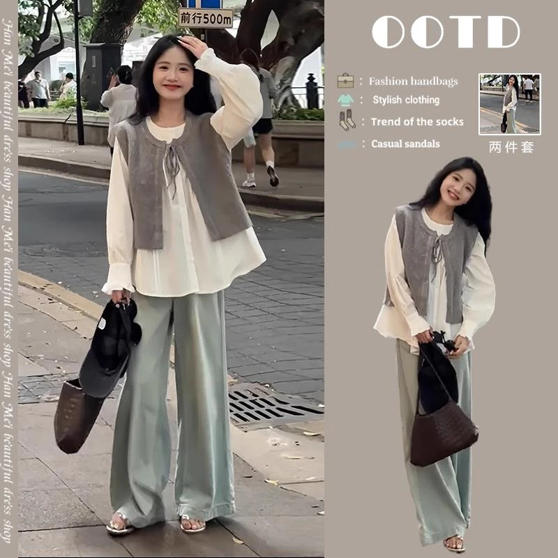 2025新款早秋装搭配一整套小个子茶系穿搭衬衫马甲两件套装女秋季