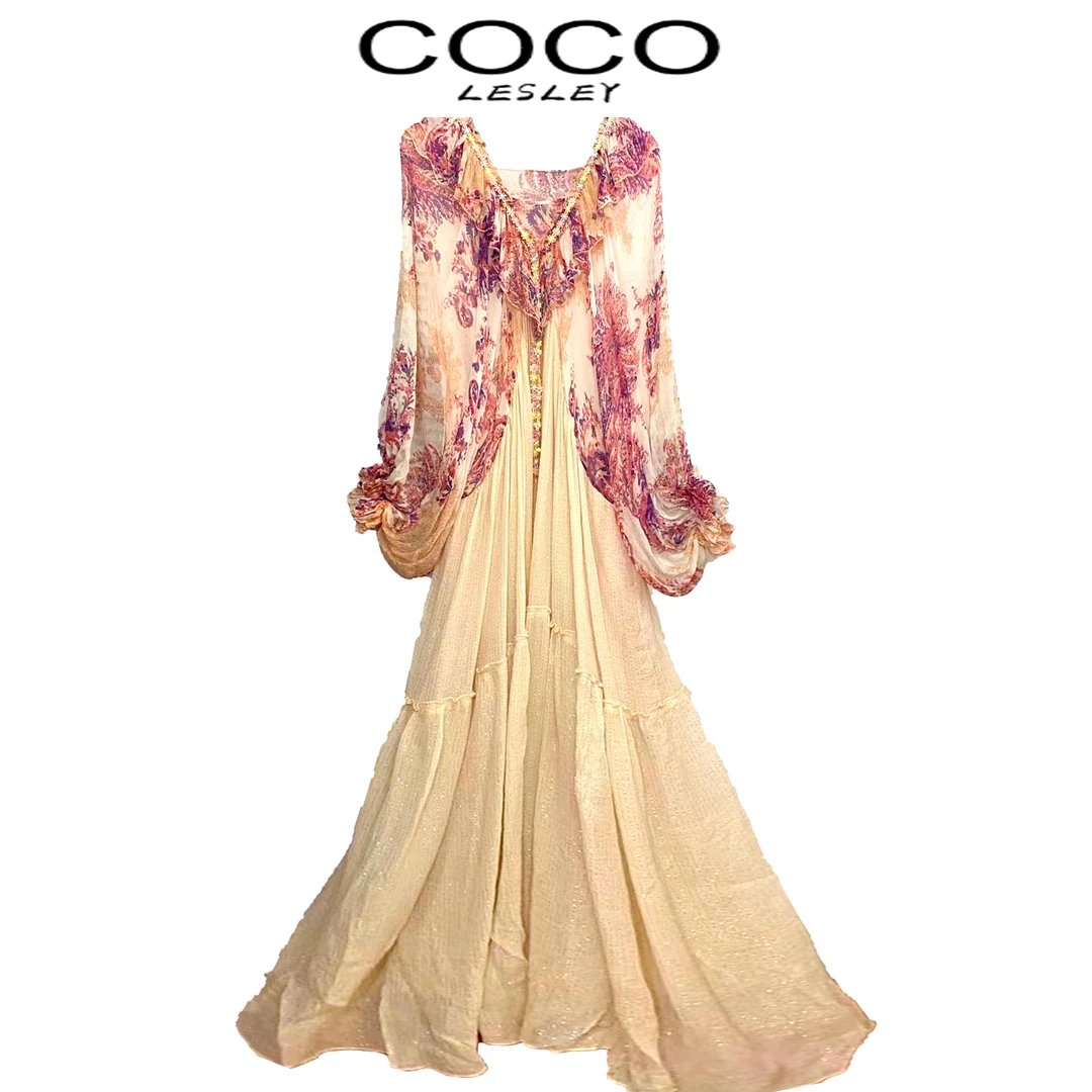 100%桑蚕丝宽松蝙蝠袖印花裙子休闲感气质海边度假连衣裙女