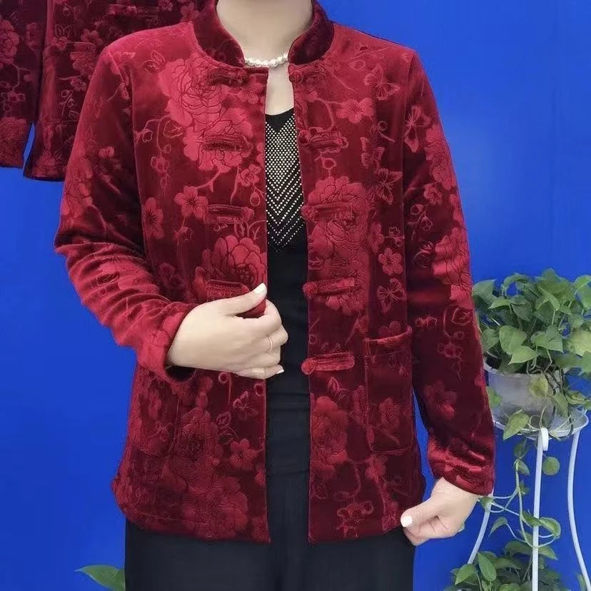 【金丝绒】加绒开衫秋冬中老年新款长袖复古盘扣妈妈加厚保暖打底