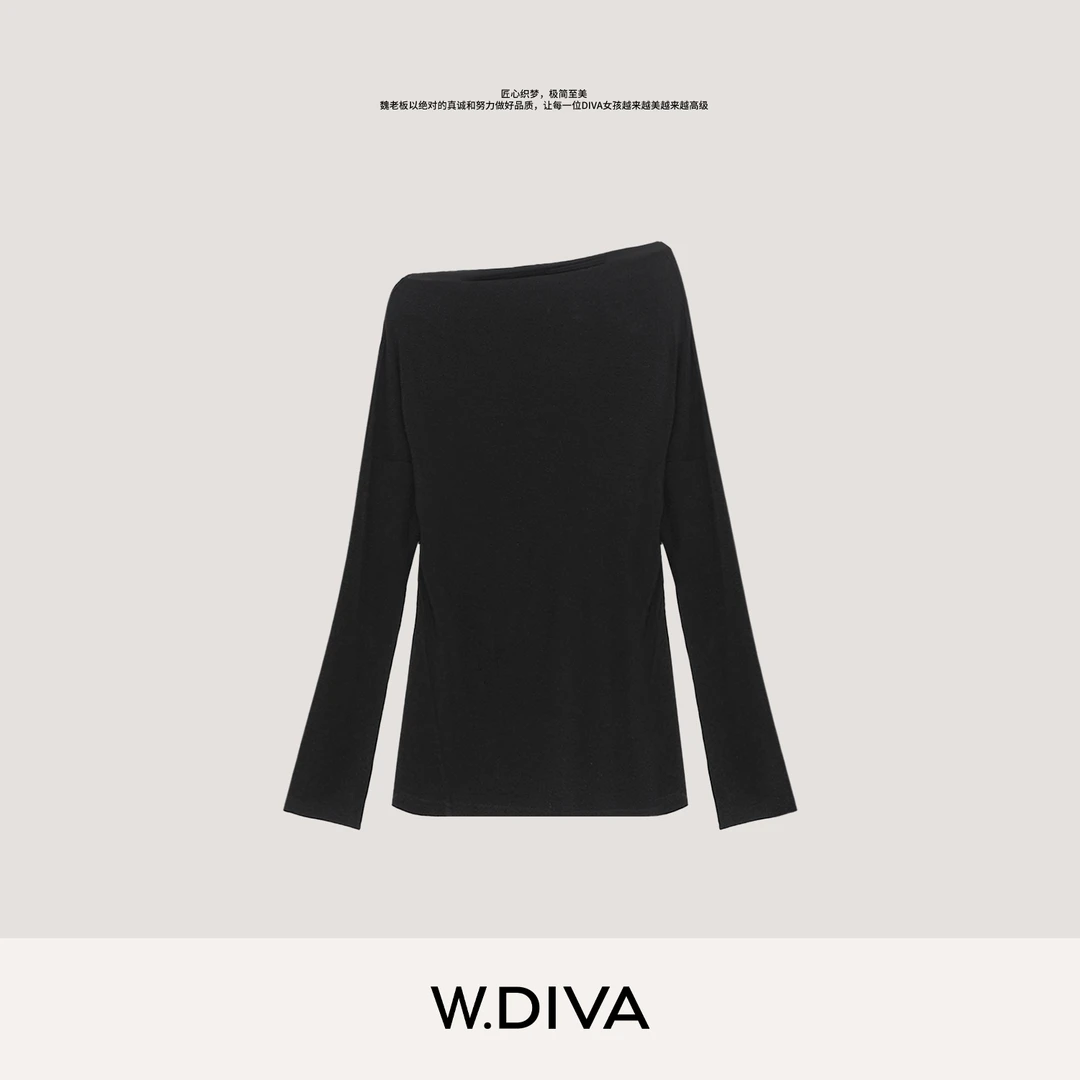 W.Diva【倾慕】桑蚕丝天丝醋酸斜肩氛围感美人荡领T恤女53T192472