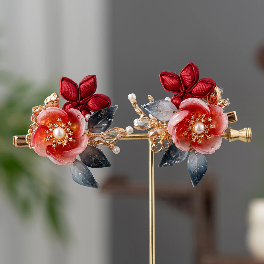 春亦轩中式典雅红牡丹盘扣系列对夹古风发饰精致旗袍汉服发夹头饰