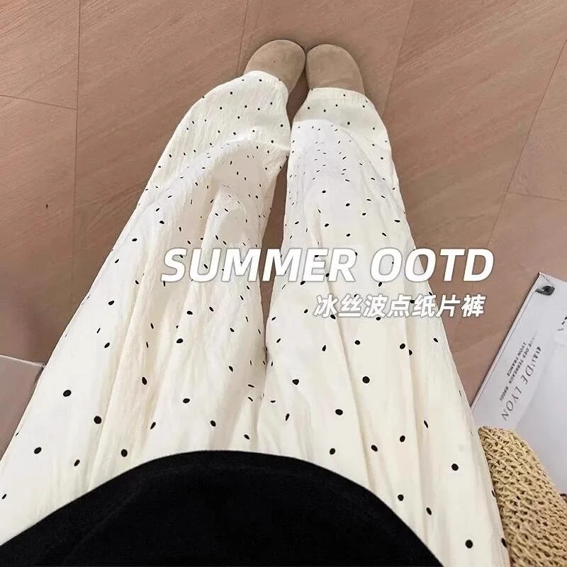 白色波点阔腿裤女夏季薄款高腰垂感小个子显瘦休闲凉凉冰丝山本裤