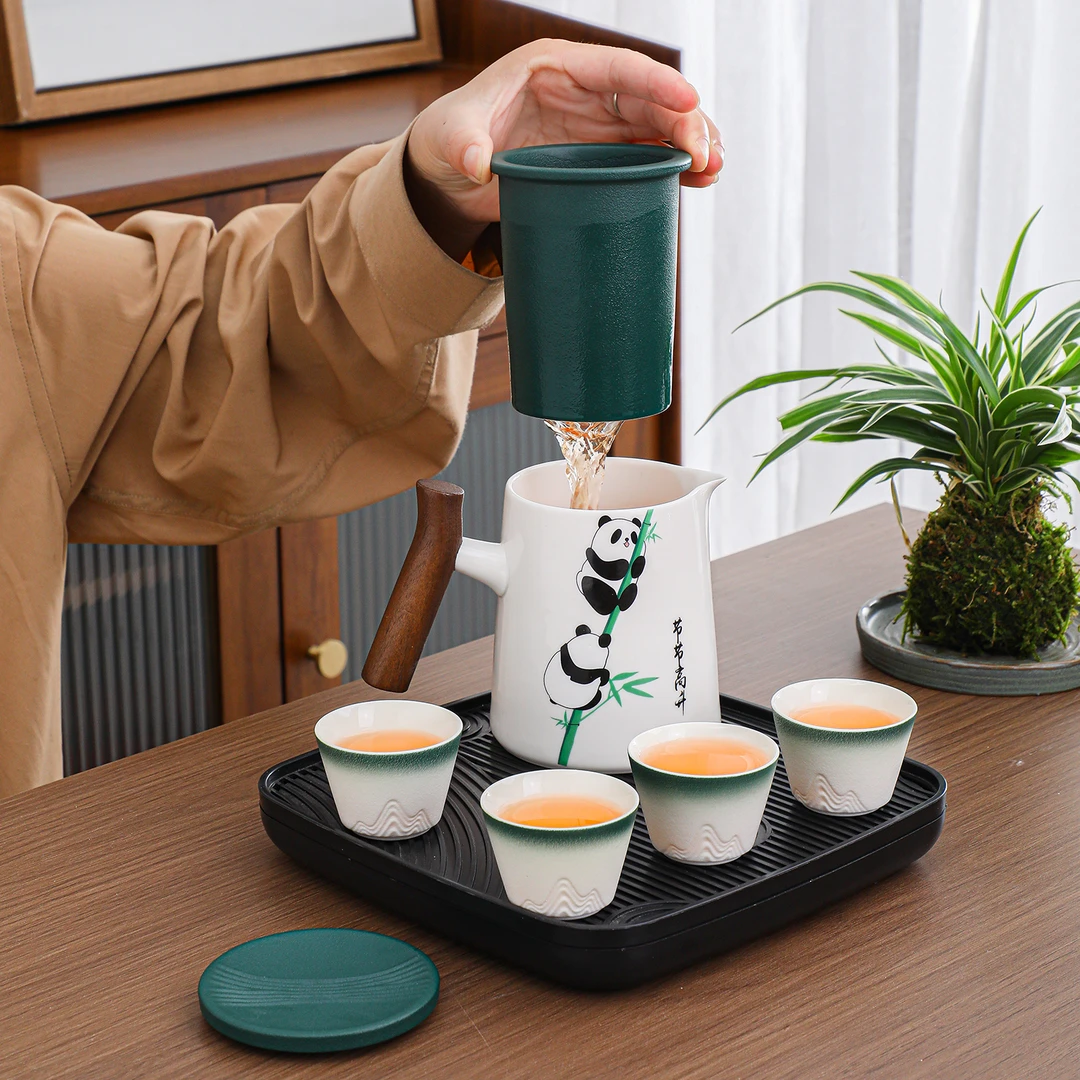 便携式可爱熊猫旅行茶具套装快客杯一壶四杯户外露营旅游随身泡