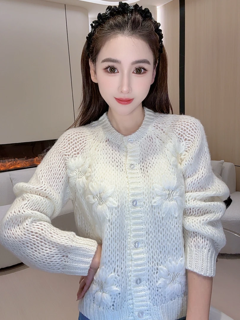 【随性浪漫】常规袖毛针织衫镂空花朵针织秋季女装时尚毛衣开衫