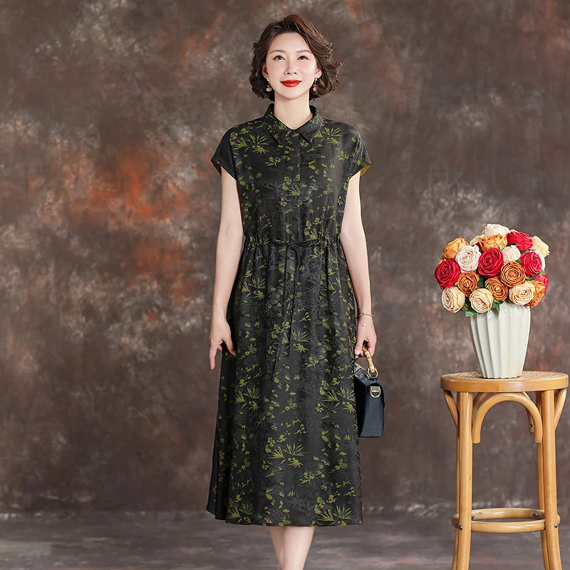 七夕限定-齐黛花罗香云纱2025新款连衣裙夏季短袖显瘦中长款裙女