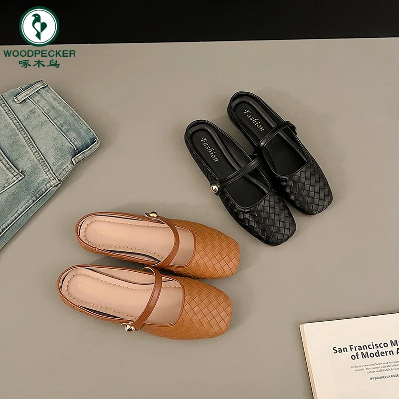 啄木鸟复古编织平底包头半拖鞋女外穿一字带法式玛丽珍凉拖鞋女鞋