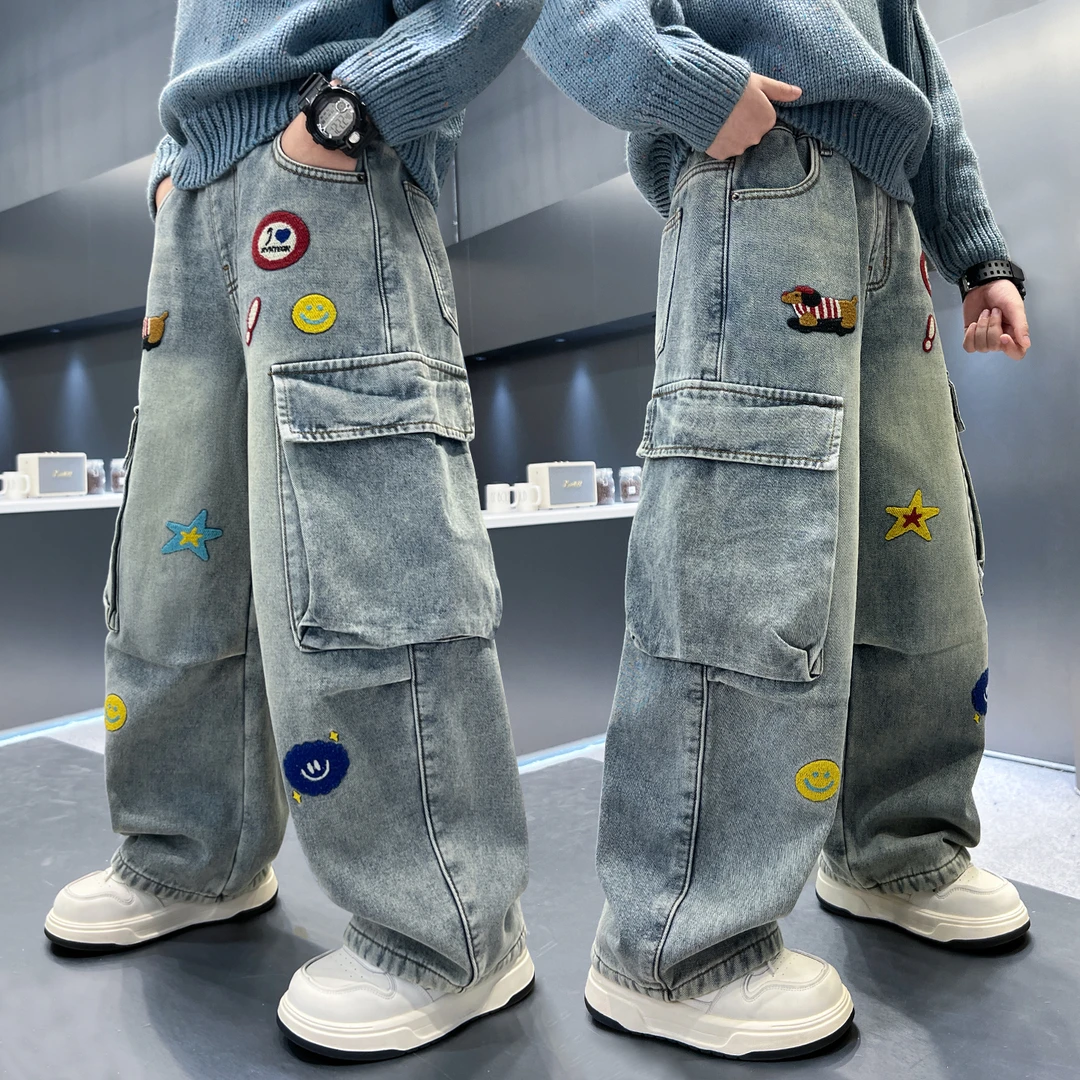 男童加绒牛仔裤2025新款秋冬阔腿工装裤子中大儿童加厚冬装长裤潮