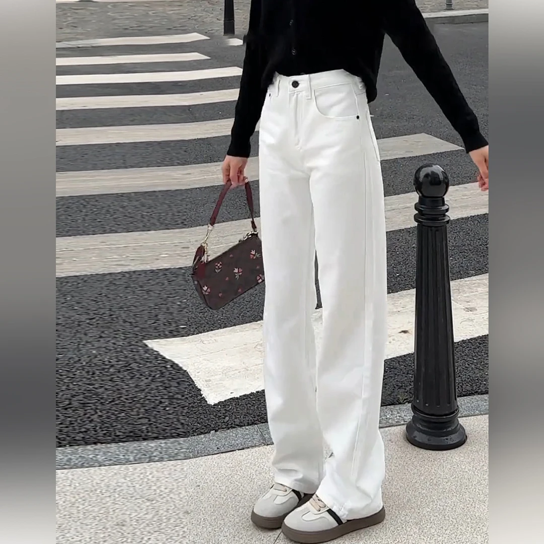 白色阔腿牛仔裤女宽松拖地裤小个子2025年新款春夏秋窄版直筒裤子
