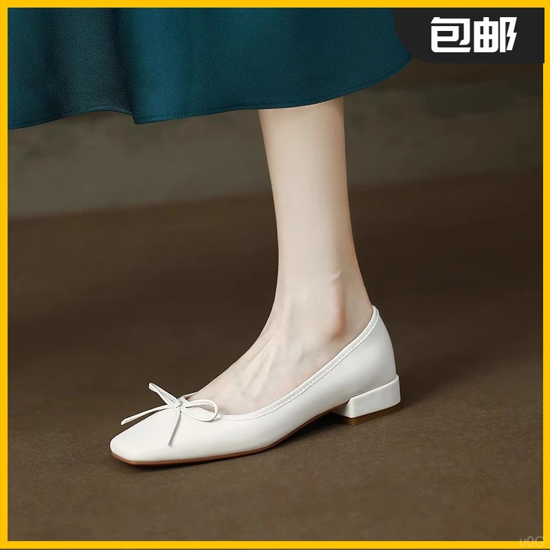 2025春夏新款法式晚风银色白色粗跟单鞋女蝴蝶结方头平底芭蕾舞鞋