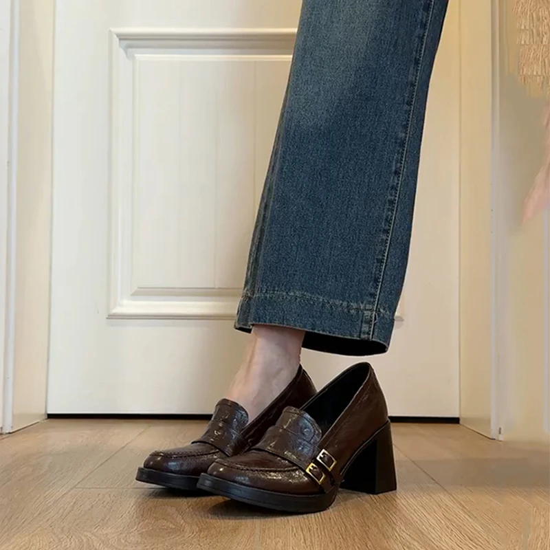 羊皮版~英伦风复古高跟乐福鞋女棕色一脚蹬百搭鞋静音粗跟小皮鞋