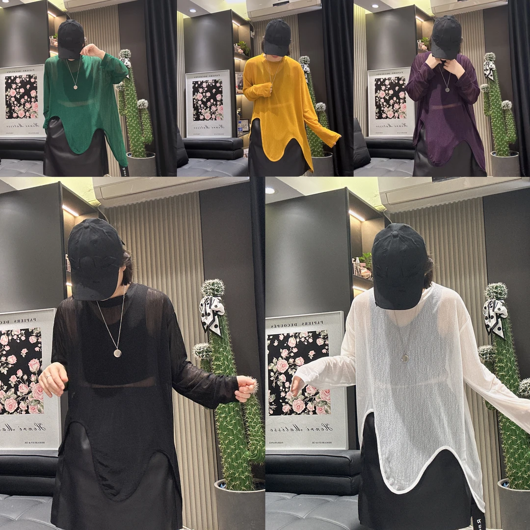 双双不规则长袖T恤防晒衫女夏季大码胖mm新款休闲慵懒风显瘦上衣