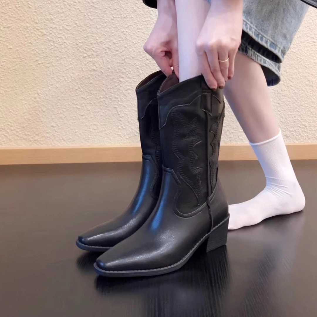 Pokoy-5.5cm女百搭气质短筒靴褶皱显瘦中筒靴刺绣