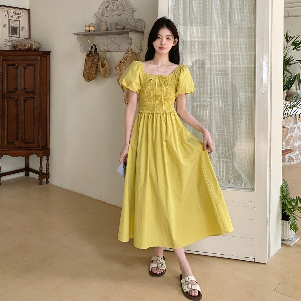 2025年夏季新款长裙泡泡袖显瘦闺蜜装法式时尚甜美风高腰连衣长裙