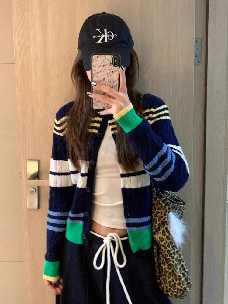 HzOk韩系复古轻奢风撞色针织开衫外套女早春休闲时尚百搭圆领上衣