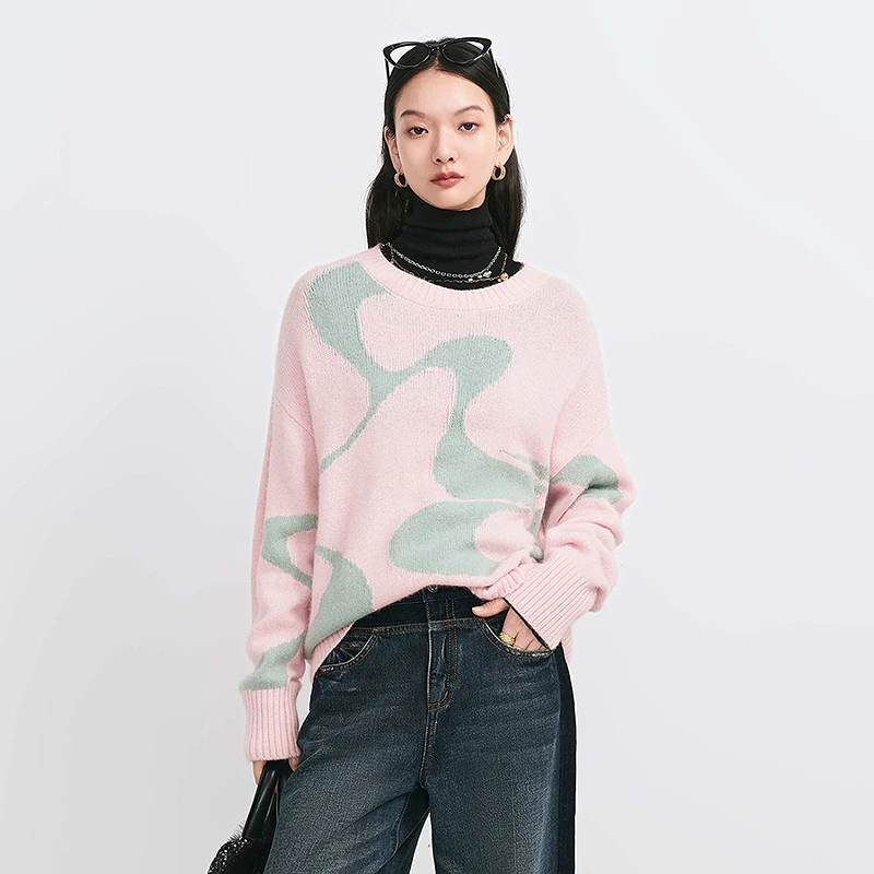 HPLY荷比俪【七语专享】冬提花线形撞色针织套头毛衣HYE43650093