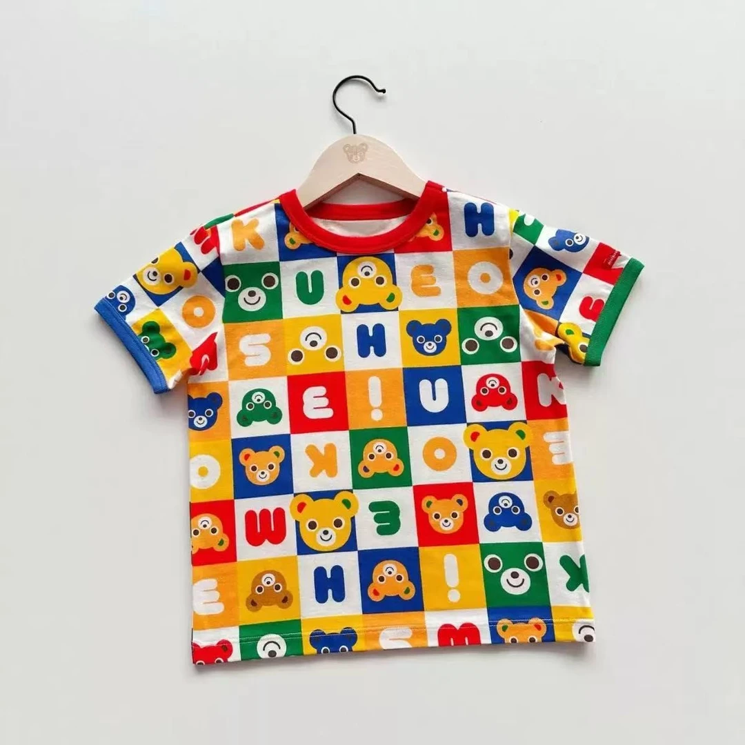 儿童夏季日系满印方格熊头男女童背心短袖