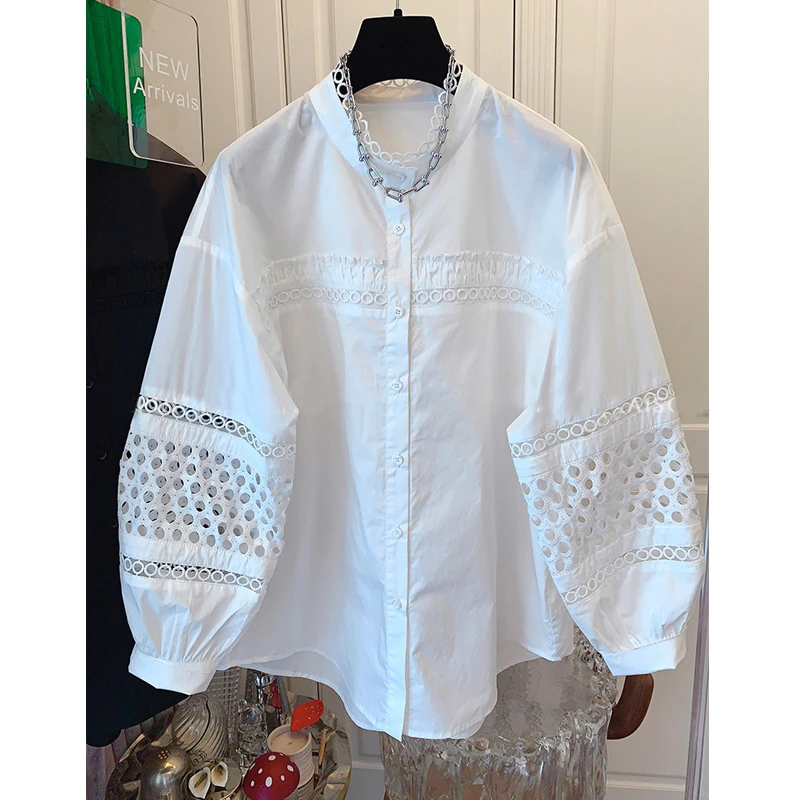 春秋设计感蕾丝镂空长袖衬衫上衣女装立领纯色洋气时尚小衫潮流爆